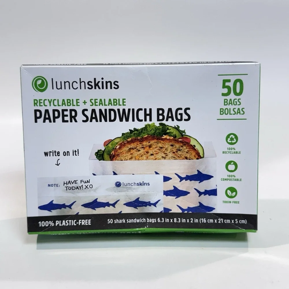 Lunchskins Recyclable + Sealable Shark Pattern Paper Sandwich Bags 50ct New 2016